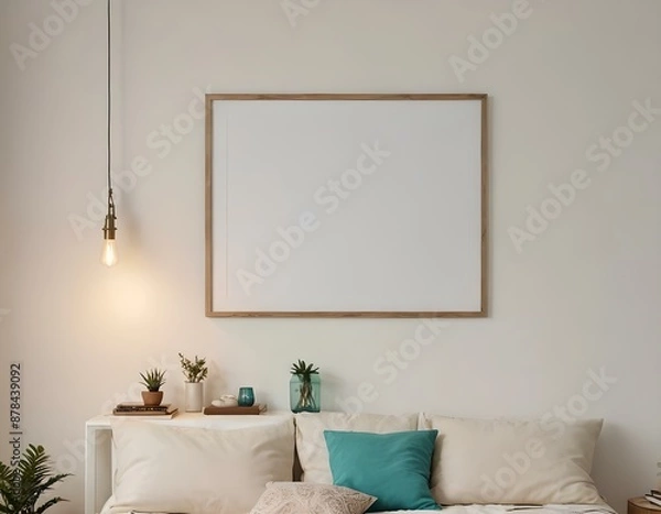 Fototapeta Livingroom or den, Empty photo frame, display, art, mock up 3D home interior design with minimalistic layout. Clean and crisp linen cotton pillows and plants with warm lighting. 