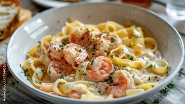 Fototapeta A delicious bowl of shrimp Alfredo fettuccine garnished with fresh herbs, served in a white bowl with bread on the side.
