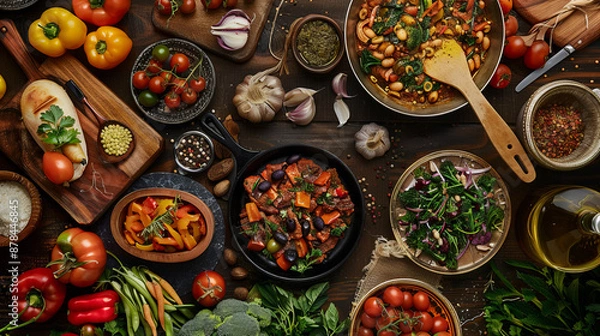 Fototapeta Colorful Mediterranean cuisine with fresh vegetables and herbs