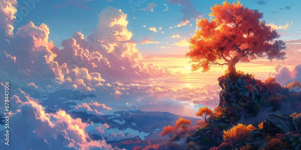 Fototapeta 紫陽花と青空に虹がかかる風景