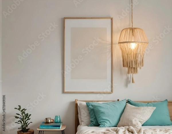 Fototapeta bedroom, Empty photo frame, display, art, mock up 3D home interior design with minimalistic layout. Clean and crisp linen cotton pillows and plants with warm lighting. 