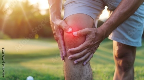 Fototapeta Golf course injury, knee discomfort during game, massage and wellness relief. Green, zoom on hands on leg in support, golfer having pain on grass.