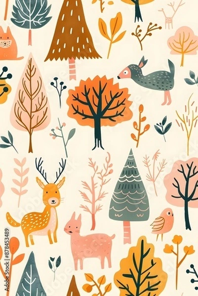 Fototapeta A whimsical forest pattern with deer, birds, and trees in autumnal colors.