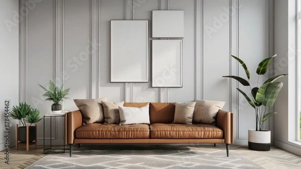 Fototapeta A minimalist living room with a tan leather sofa, complemented by geometric wall art and a potted plant. The space features a light, airy atmosphere with a blend of modern and cozy elements.