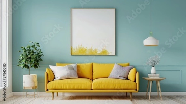 Fototapeta A vibrant living room design featuring a bold yellow sofa with colorful throw pillows, set against a light blue wall adorned with abstract art