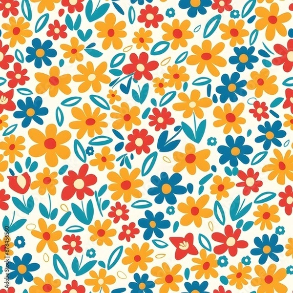 Fototapeta Seamless pattern of colorful flowers and leaves on a white background.