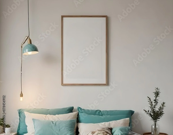 Fototapeta bed, Empty photo frame, display, art, mock up 3D home interior design with minimalistic layout. Clean and crisp linen cotton pillows and plants with warm lighting. 
