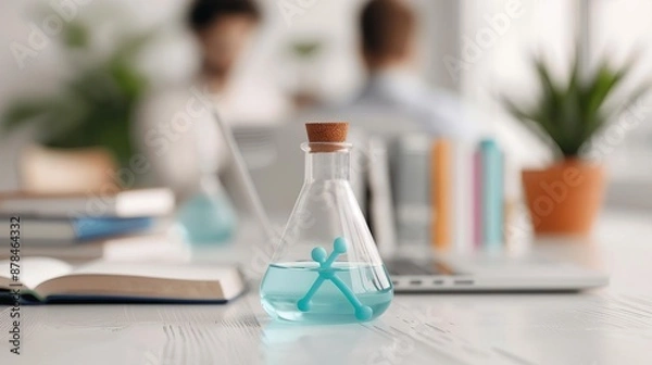 Fototapeta A glass flask with blue liquid on a desk with books, a laptop and two people in the background.