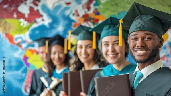 Fototapeta Graduates celebrating with certificates, diverse backgrounds, set against a global map backdrop, symbolizing achievement and universal education, Knowledge For All, Certification