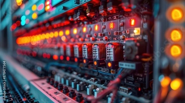 Obraz The electric wire behind the control board with lighting effect,Industrial Electrical Concept.
