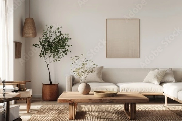 Fototapeta Serene Living Room Showcasing Warm Minimalism Featuring Natural Elements and Cozy Decor