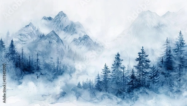 Fototapeta Misty Mountains with Pine Trees in Watercolor Illustration, Featuring a White Background and Blue Color Scheme. Blurred Effect to Convey Mystery in Nature, in the Style of a Romantic Artist.