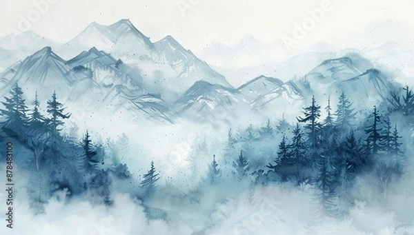 Fototapeta Misty Mountains with Pine Trees in Watercolor Illustration, Featuring a White Background and Blue Color Scheme. Blurred Effect to Convey Mystery in Nature, in the Style of a Romantic Artist.
