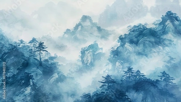 Fototapeta Misty Mountains with Pine Trees in Watercolor Illustration, Featuring a White Background and Blue Color Scheme. Blurred Effect to Convey Mystery in Nature, in the Style of a Romantic Artist.