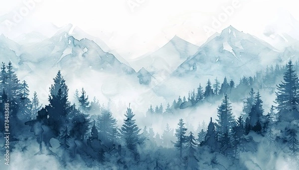 Fototapeta Misty Mountains with Pine Trees in Watercolor Illustration, Featuring a White Background and Blue Color Scheme. Blurred Effect to Convey Mystery in Nature, in the Style of a Romantic Artist.