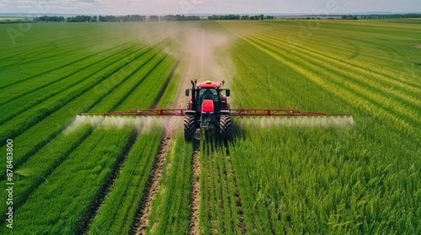 Fototapeta A tractor spraying pesticides on a field on green agricultural