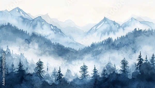 Fototapeta Misty Mountains with Pine Trees in Watercolor Illustration, Featuring a White Background and Blue Color Scheme. Blurred Effect to Convey Mystery in Nature, in the Style of a Romantic Artist.