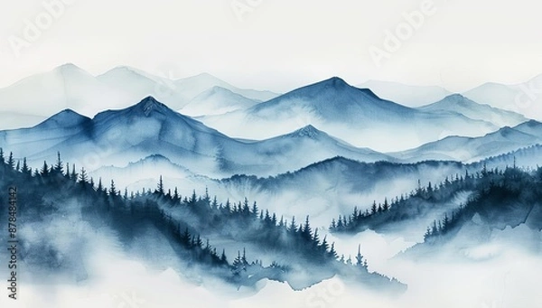 Fototapeta Misty Mountains with Pine Trees in Watercolor Illustration, Featuring a White Background and Blue Color Scheme. Blurred Effect to Convey Mystery in Nature, in the Style of a Romantic Artist.