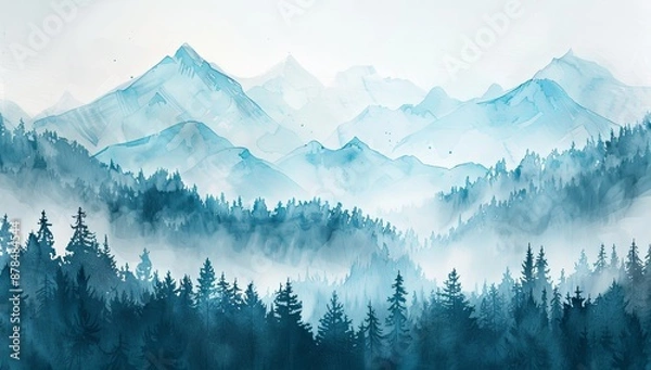 Fototapeta Misty Mountains with Pine Trees in Watercolor Illustration, Featuring a White Background and Blue Color Scheme. Blurred Effect to Convey Mystery in Nature, in the Style of a Romantic Artist.