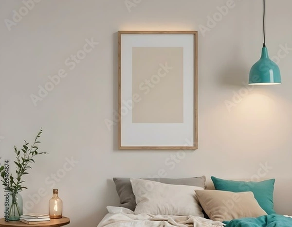 Fototapeta Bedroom, Empty photo frame, display, art, mock up 3D home interior design with minimalistic layout. Clean and crisp linen cotton pillows and plants with warm lighting. 