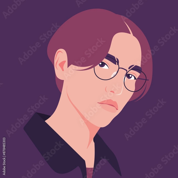 Fototapeta The face of a young arrogant Asian man with eyeglasses on a dark background. Vector flat Illustration