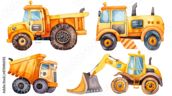 Obraz Cute Construction Vehicles: Adorable Cartoon Style Trucks for Kids' Designs isolated on transparent background, Png file