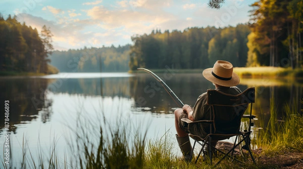 Obraz Back view of a fisherman wearing a straw hat and sitting on a fishing chair, fishing on a lake at summer morning