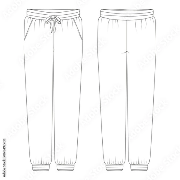 Fototapeta Vector unisex jogger fashion CAD, woman sweatpants with side pockets technical drawing, template, sketch, flat. Jersey or woven fabric trousers with front, back view, white color