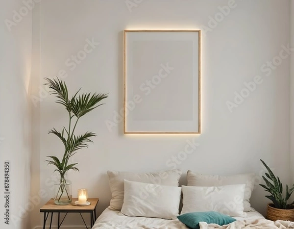 Fototapeta bed, Empty photo frame,  light effect, display, art, mock up 3D home interior design with minimalistic layout. Clean and crisp