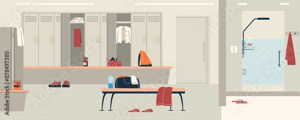 Fototapeta Vector interior of the locker room with a changing area, a place to store sports equipment