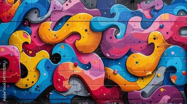 Fototapeta Brightly colored abstract graffiti art is covering a brick wall, adding a vibrant splash of color to the urban environment