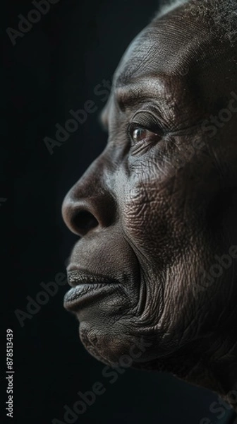 Fototapeta Close-up portrait of a wise, elderly black man with white hair, wrinkles, and a serious yet peaceful expression against a dark background, highlighting resilience and strength