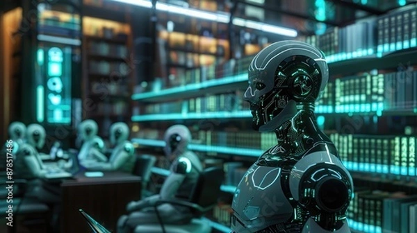 Fototapeta Futuristic courtroom with a robotic lawyer, mixed jury, and holographic evidence displays, set against a high-tech legal library. AI justice