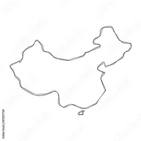 Obraz China country simplified map.Thin triple pencil sketch outline isolated on white background. Simple vector icon