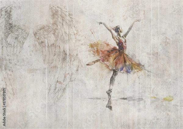 Obraz Ballerina. Wall with wings in the background. Illustration for wallpaper, poster, decoration.