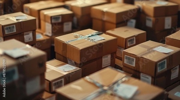 Fototapeta Detailed closeup of various cardboard boxes with visible corrugation, packing tape, and shipping labels, conveying a busy warehouse vibe