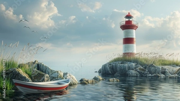 Fototapeta Lighthouse on a Rocky Coast with a Boat