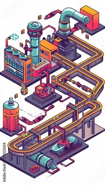 Fototapeta A cute cartoon Style ofA smart factory using blockchain technology for supply chain transparency