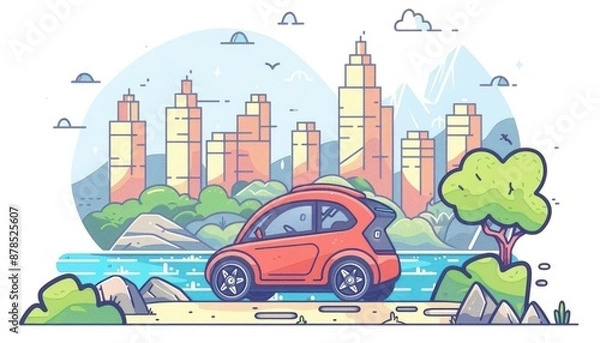 Obraz A cute cartoon Style ofA scenic drive with an electric car along a coastal road