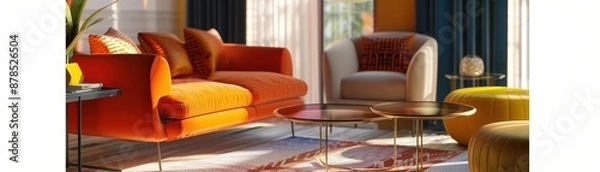 Fototapeta model of a modern living room, featuring bold, colorful furniture and decor, emphasizing contemporary design and stylish living