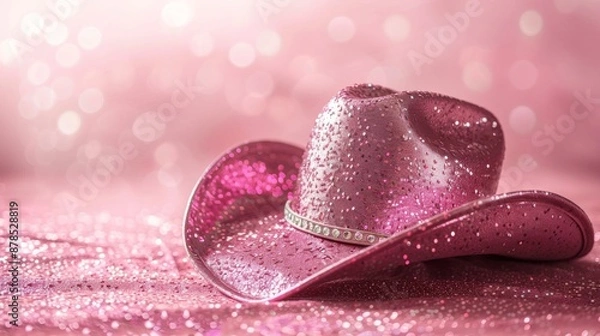 Obraz Pink glitter cowgirl hat with rhinestone trim resting on sparkling pink background with shallow depth of field and bokeh
