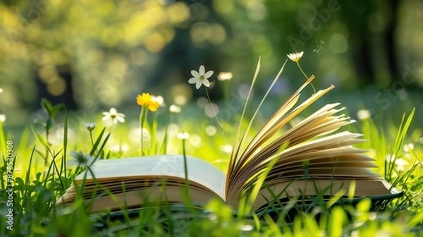 Fototapeta Closeup of an open book with pages fluttering in the breeze, outdoor setting in a garden, green grass and flowers in the background, tranquil and serene, copy space