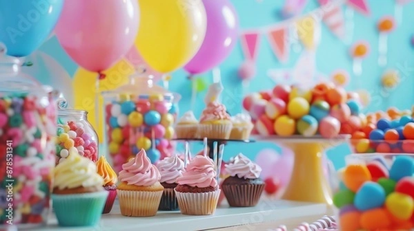 Obraz Birthday party candy buffet with an array of sweets, cupcakes, and candy jars, balloons and streamers in the background, vibrant and joyful celebration, copy space