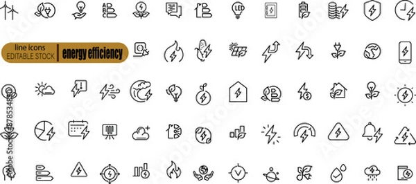 Fototapeta Line icons about energy efficiency and saving. Sustainable development. Thin line icon set. Symbol collection in transparent background. Editable vector stroke. 512x512 Pixel Perfect