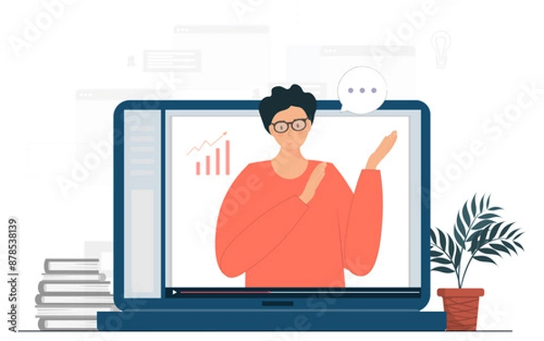 Fototapeta Person on online conference, meeting, online learning concept, video conference with team, remote work from home, flat vector illustration