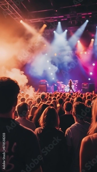 Obraz Concert from back angle, smoky atmosphere, dramatic stage lights, lively crowd

