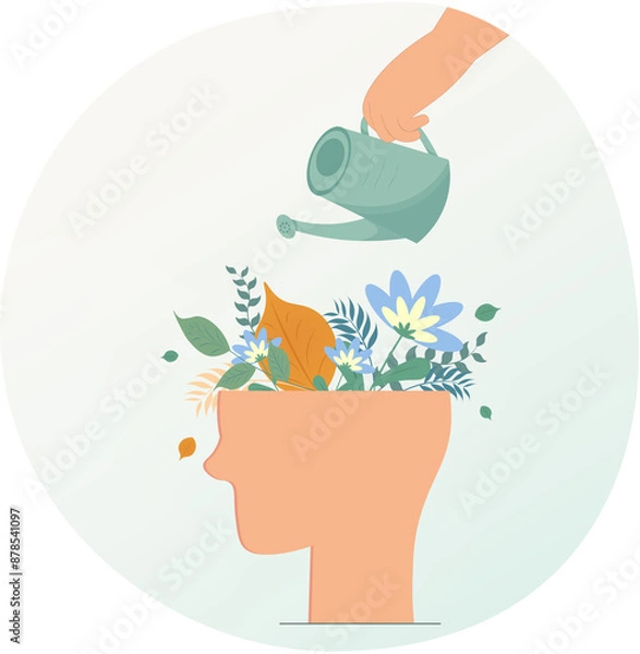 Fototapeta Human head with flowers, mental health support concept, emotional comfort, World Mental Health Day, positive thinking, flat vector illustration