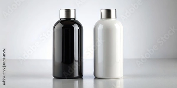 Fototapeta Black and White Bottles with Metallic Caps, Composition of Two Bottles, Minimalist Product Photography, Branding  Mockup, bottle, design, product, brand