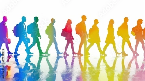 Fototapeta people of all rainbow colors walking together, business mindset,