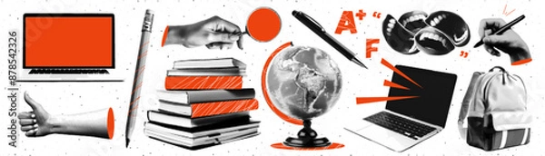 Obraz Trending elements of halftone collage. Concept of learning, university, college or back to school. Laptop, globe, stack of books, backpack and more. 